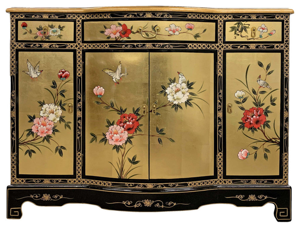 Oriental Lacquer Cabinet with Rounded Center and Hand Painted Floral 48"W