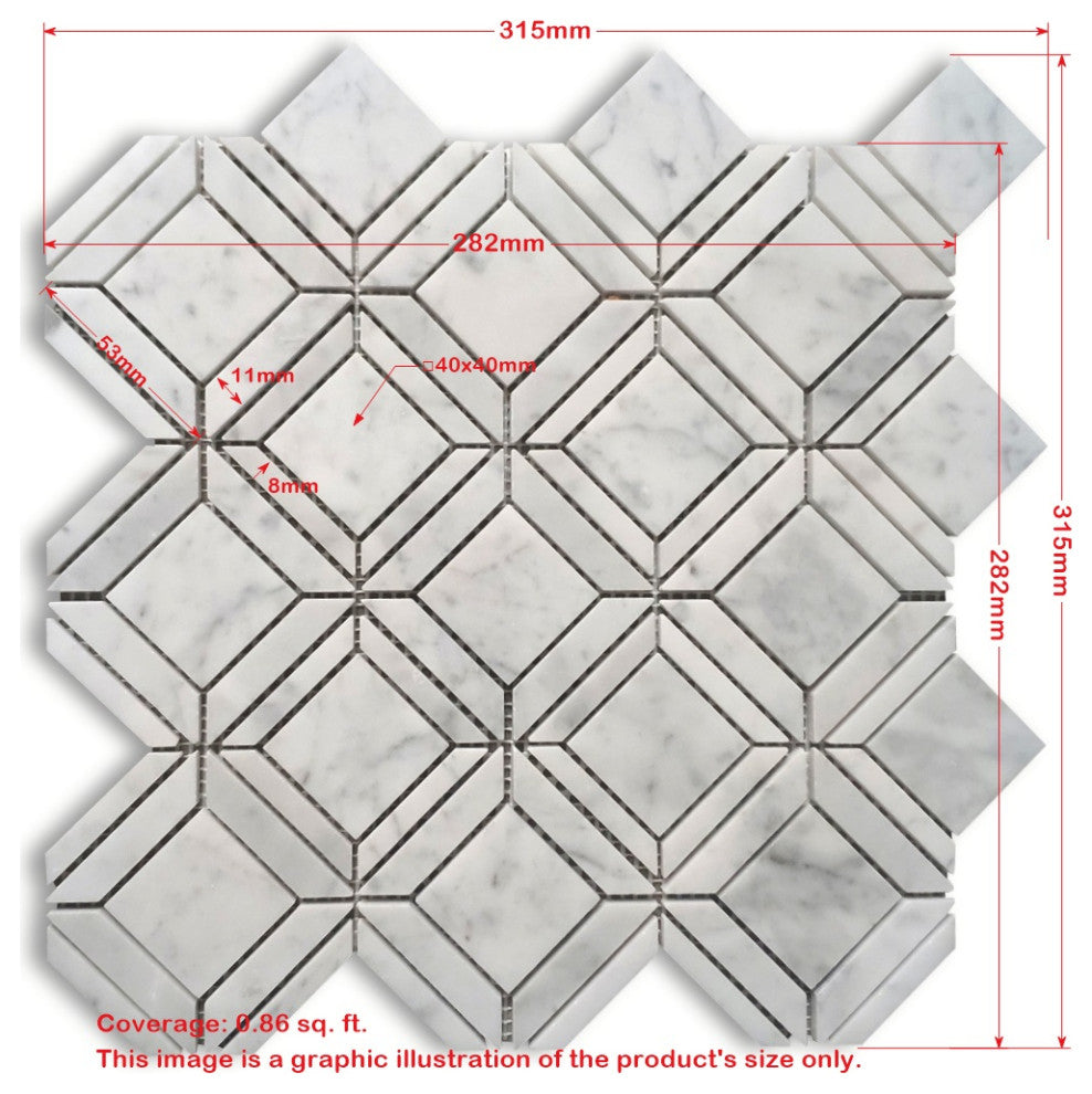 Carrara White Marble 2" Square Ventura Carlyle Geometry Tile Polished, 1 sheet