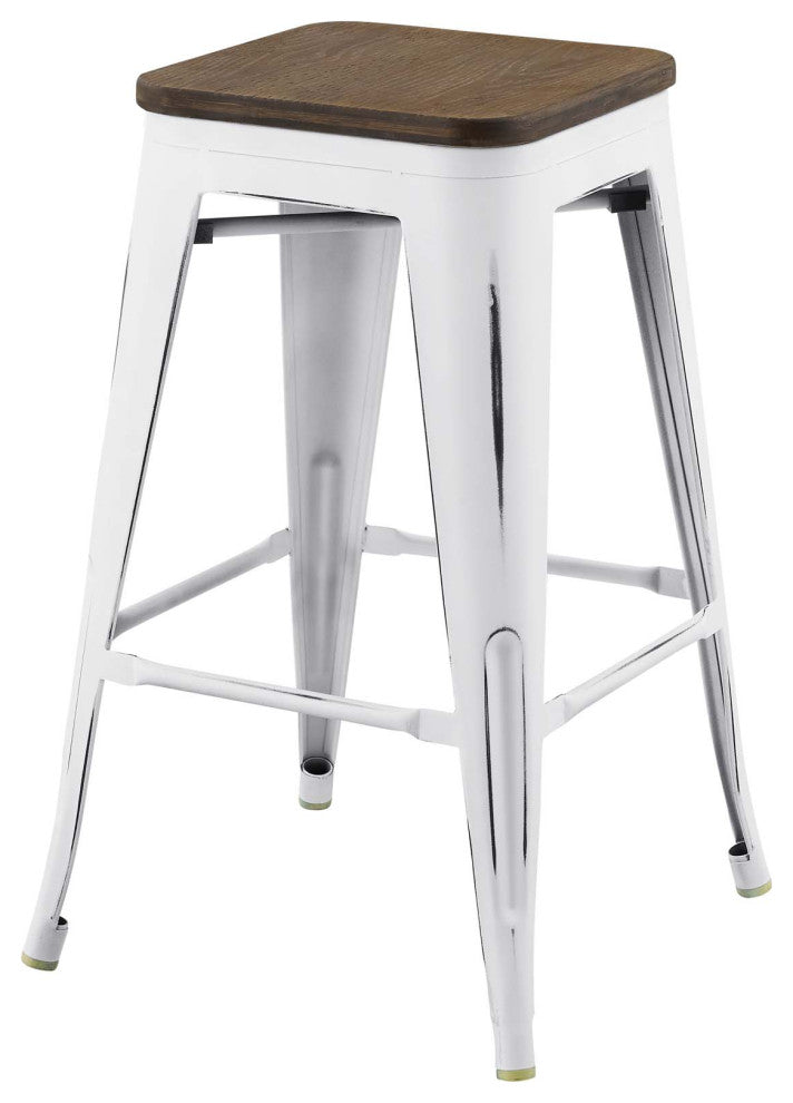 Counter Stool Chair, Set of 4, Wood, Metal, White, Modern, Bar Pub Restaurant