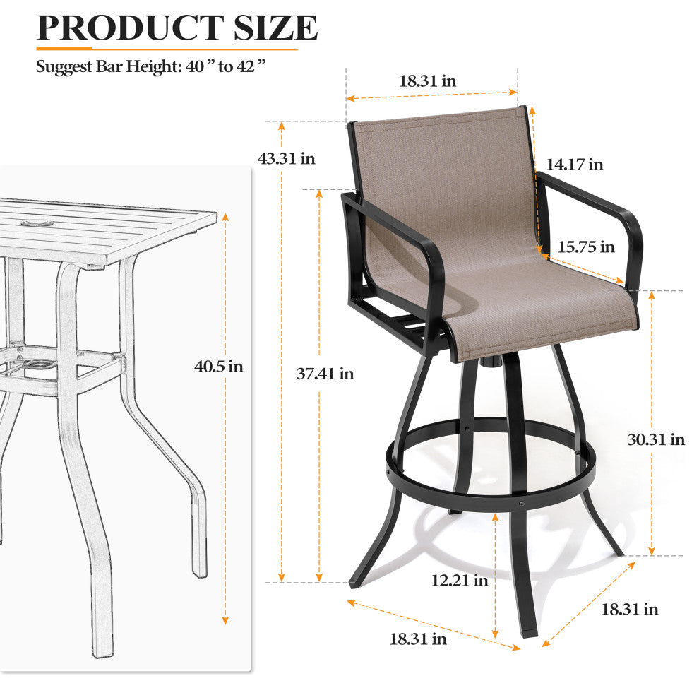 2PCS Patio Bar Stools Set Outdoor Cast Aluminum Bar Height Swivel Stools, Ash