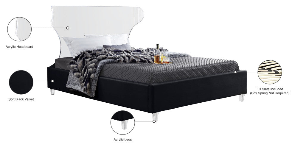 Ghost Velvet Upholstered Bed, Black, Queen
