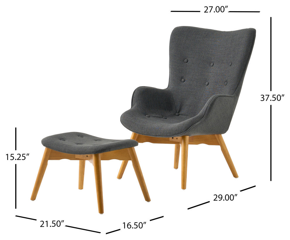 Hariata Mid-Century Modern Wingback Chair and Ottoman Set, Muted Dark Gray