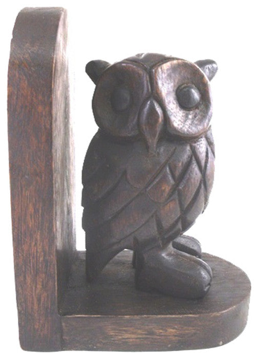 Carved Owl Stained Wooden Bookends Library Desk Shelf Decor