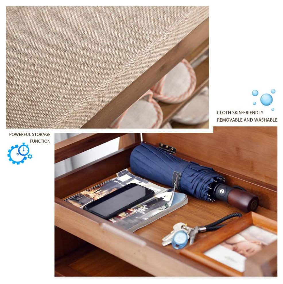 Elecwish Bamboo Shoe Bench Rack with Cushion, Side  Drawer