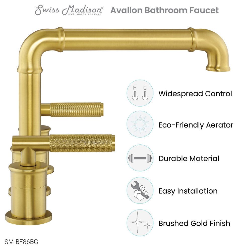 Avallon 8" Widespread, Sleek Handle, Bathroom Faucet, Brushed Gold