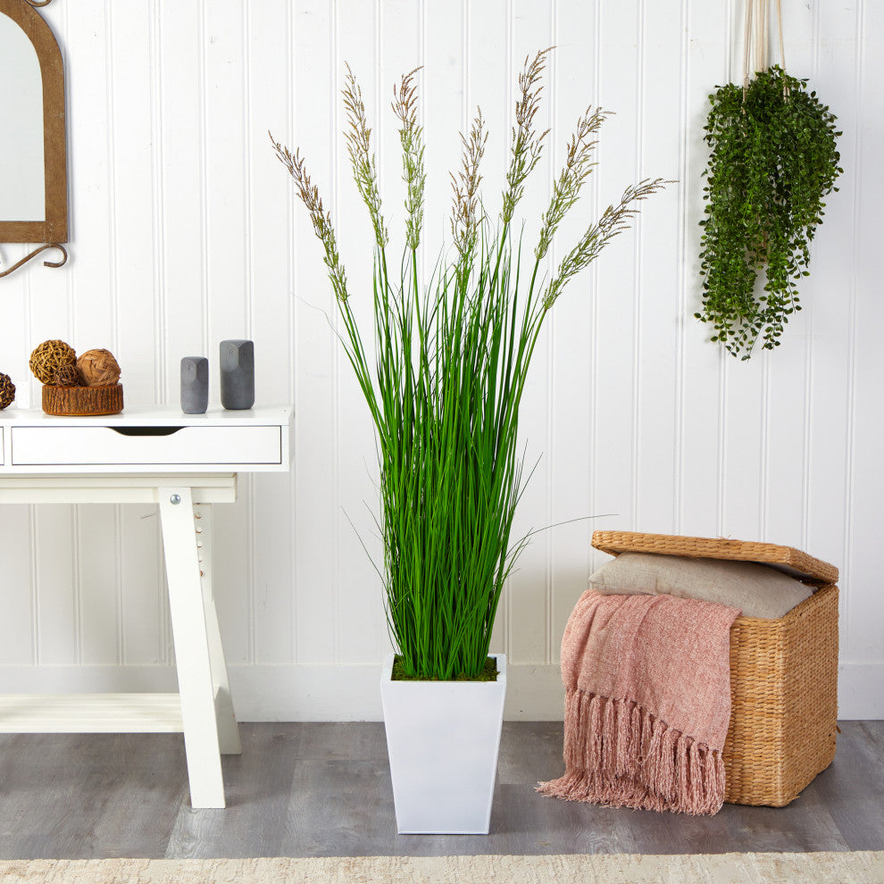 Nearly Natural 64" Wheat Grass Artificial Plant, White Metal Planter