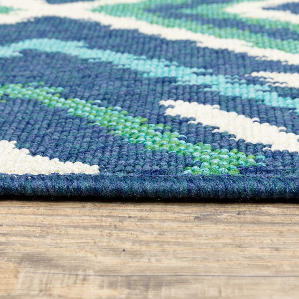 Madelina Ikat Diamonds Navy and Green Indoor or Outdoor Area Rug, 5'3"x7'6"