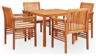 vidaXL Solid Acacia Wood 5 Piece Patio Dining Set with Cushions Table Chairs