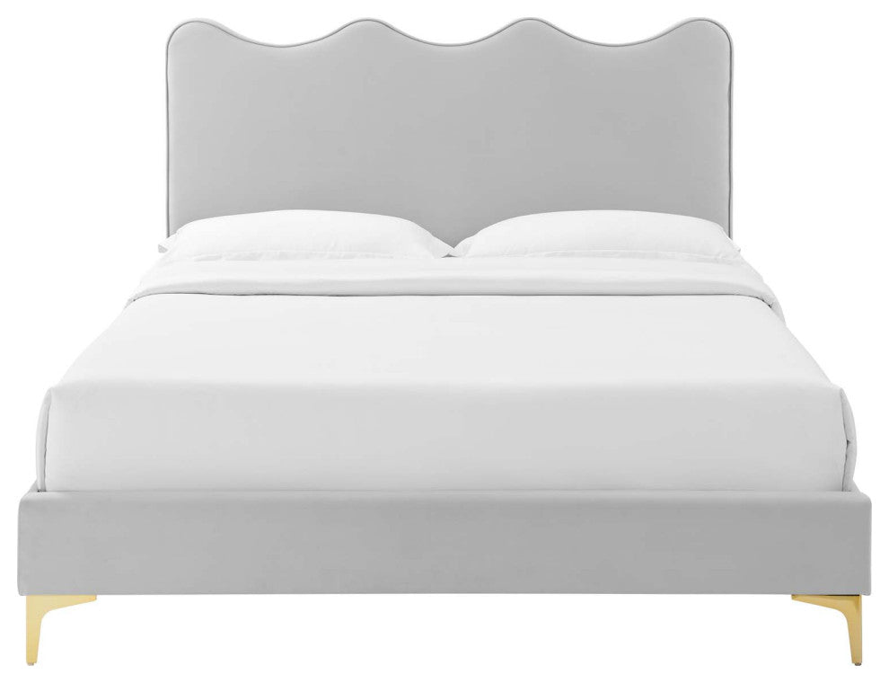 Platform Bed Frame, King Size, Gray, Velvet, Modern, Bedroom Guest Suite