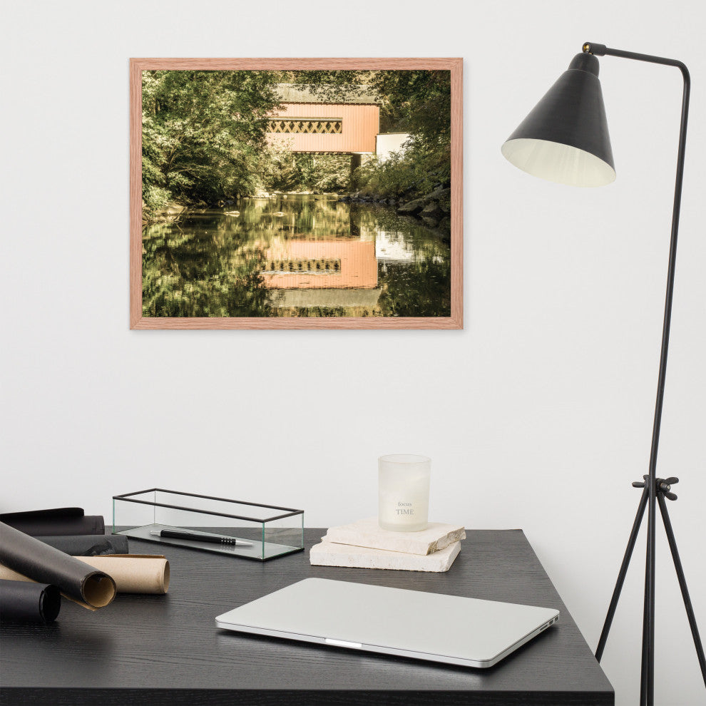The Reflections of Wooddale Covered Bridge Aged Framed Photo Wall Art Print, Red Oak, 16" X 20"
