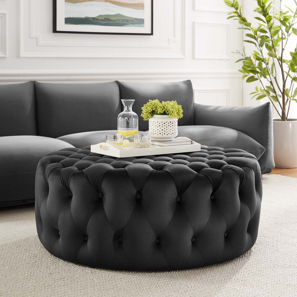 Round Ottoman Accent Tufted Chair, Black, Velvet, Modern, Lounge Hospitality