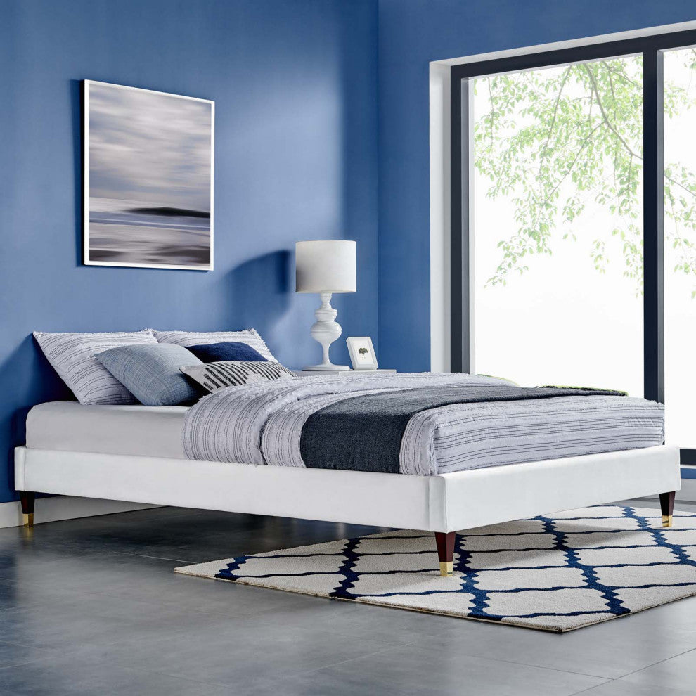 Harlow Queen Performance Velvet Platform Bed Frame White