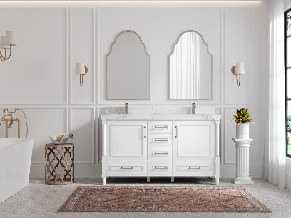 Aberdeen 60 Double Bathroom Vanity in White 2" Calacatta Nuvo