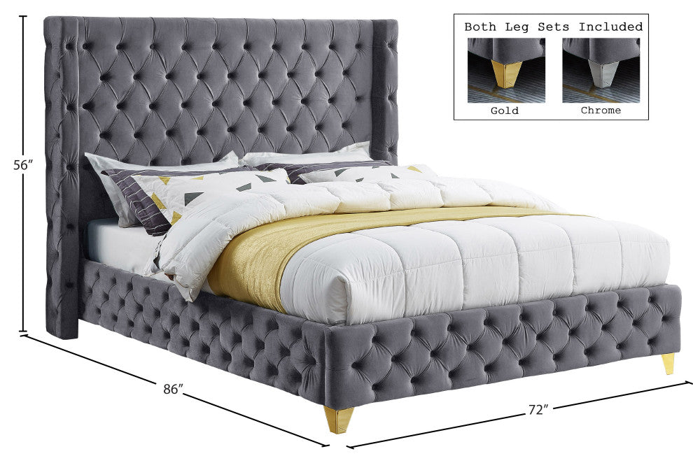 Savan Velvet Upholstered Bed, Gray, Queen
