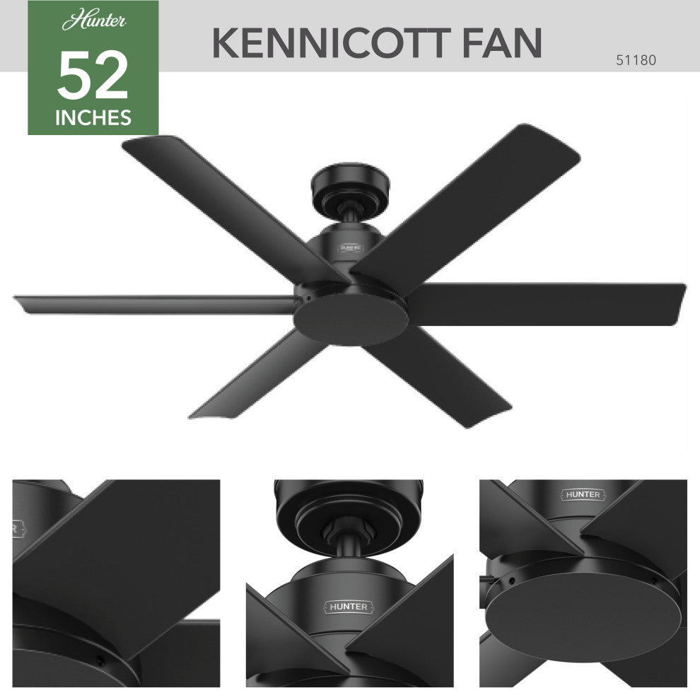 Hunter 52" Kennicott Matte Black Damp Rated Ceiling Fan and Wall Control