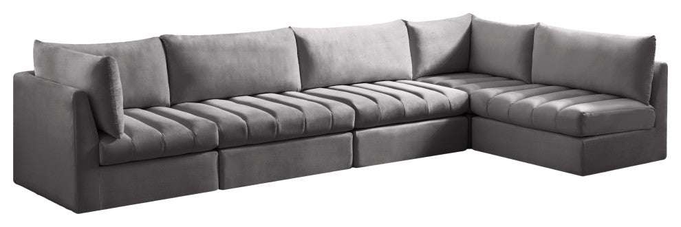 Jacob Velvet Upholstered 5-Piece L-Shaped Modular Sectional, Grey