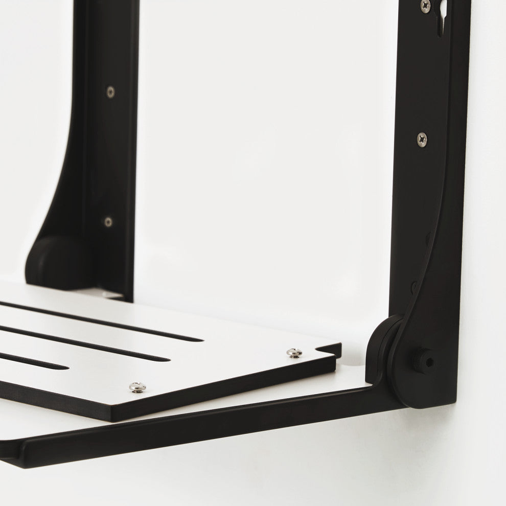 Silhouette Folding Wall Mount Shower Bench Seat, White Seat With Matte Black Frame