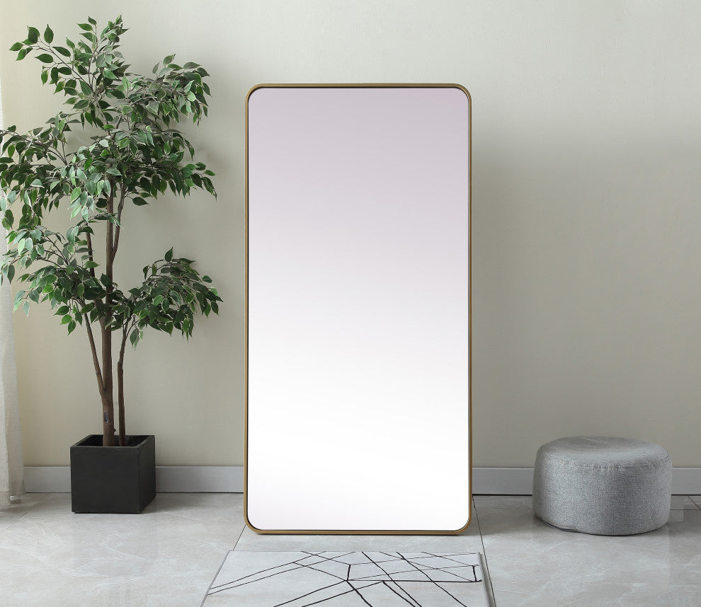 Soft Corner Metal Rectangle Full Length Mirror 30X60 Inch, Brass