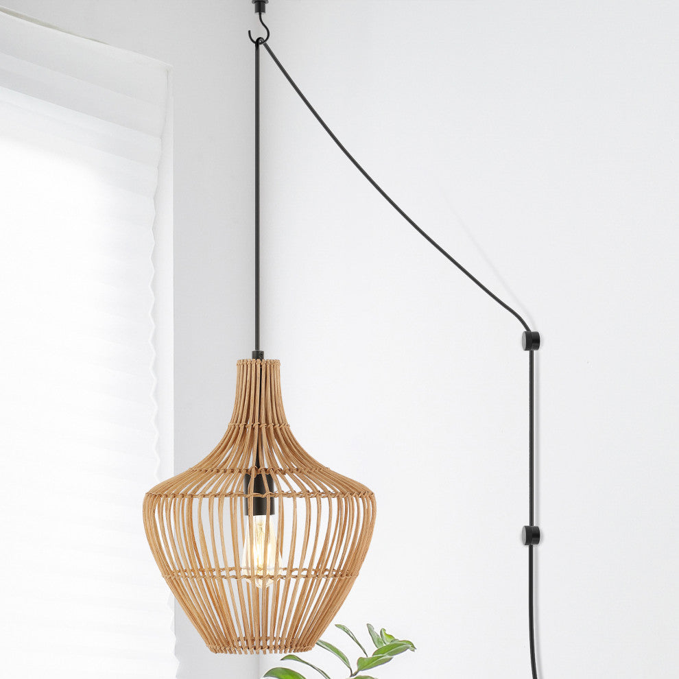 Nova 20.25" 1-Light Rattan 180" Plug-In or Hardwired LED Pendant, Brown, Lucas