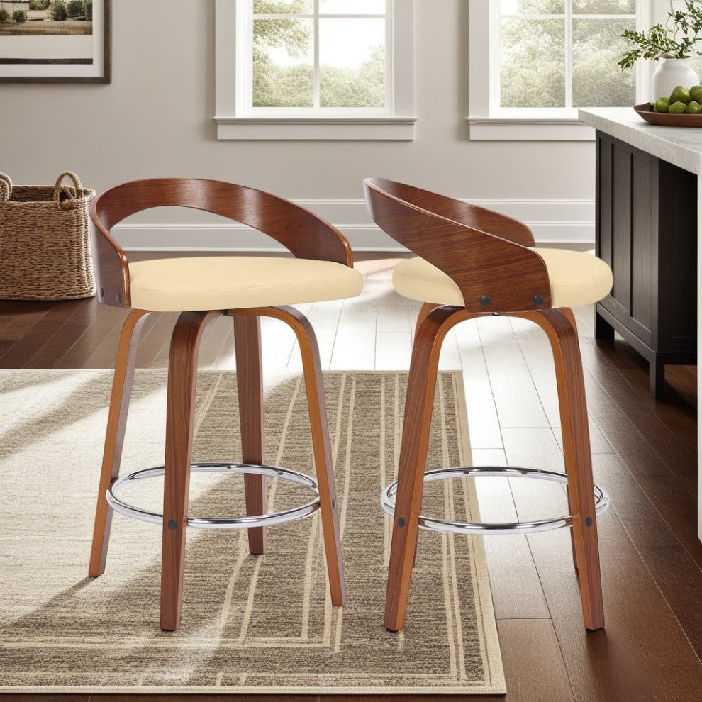 Sonia Swivel Faux Leather and Wood Stool, Cream/Walnut, Counter Height 26"