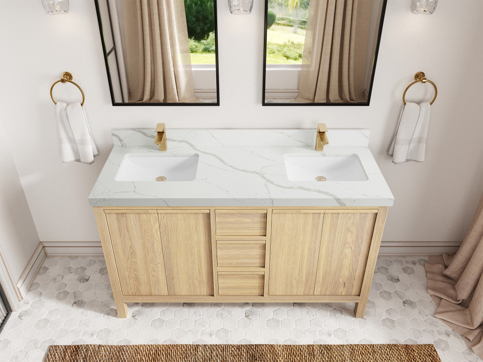 Elizabeth Oak 60" Double Sink Vanity, White 2" Calacatta Laza