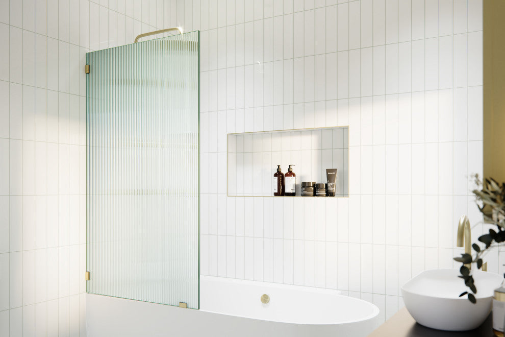 30"x58.25" Single Fixed Fluted Bath Panel Shower Tub Door, Satin Brass