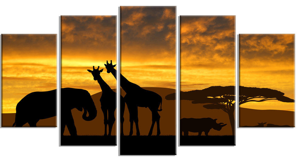 Giraffes and Elephant and Rhino, African Canvas Art Print, 60"x32", 5 Panels