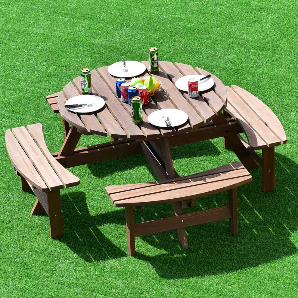 Costway Patio 8 Seat Wood PicnicTable Dining Seat Bench Set Pub Garden Yard