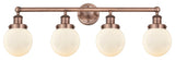 Small Beacon 4-Light 34" Vanity Light, Antique Copper Finish, Matte White Shade