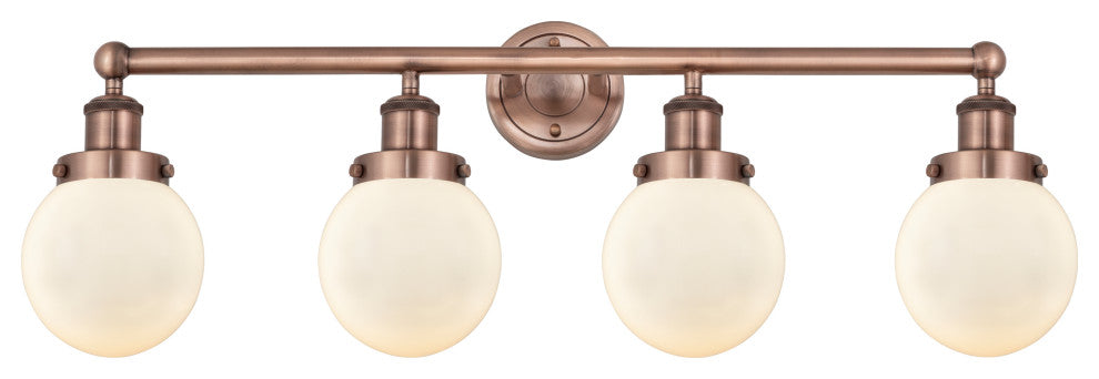 Small Beacon 4-Light 34" Vanity Light, Antique Copper Finish, Matte White Shade