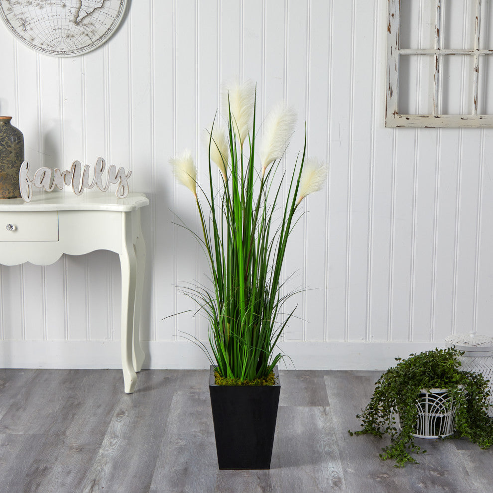 4.5' Wheat Plume Grass Artificial Plant, Black Metal Planter