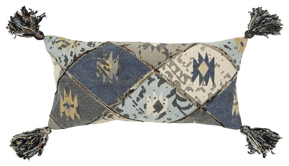 Indigo Gray Tribal Corner Tasseled Lumbar Pillow