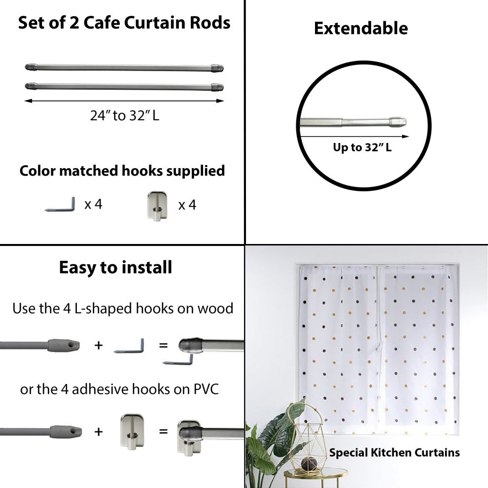 Bundle 2 Cafe Curtain Rods and 4 Self Adhesive Hooks, Chrome, 24" to 32"