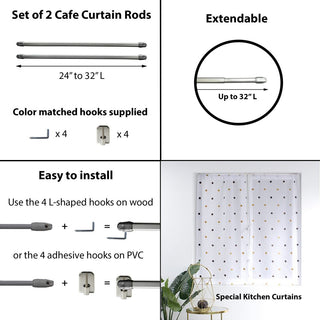 Bundle 2 Cafe Curtain Rods and 4 Self Adhesive Hooks, Chrome, 24" to 32"