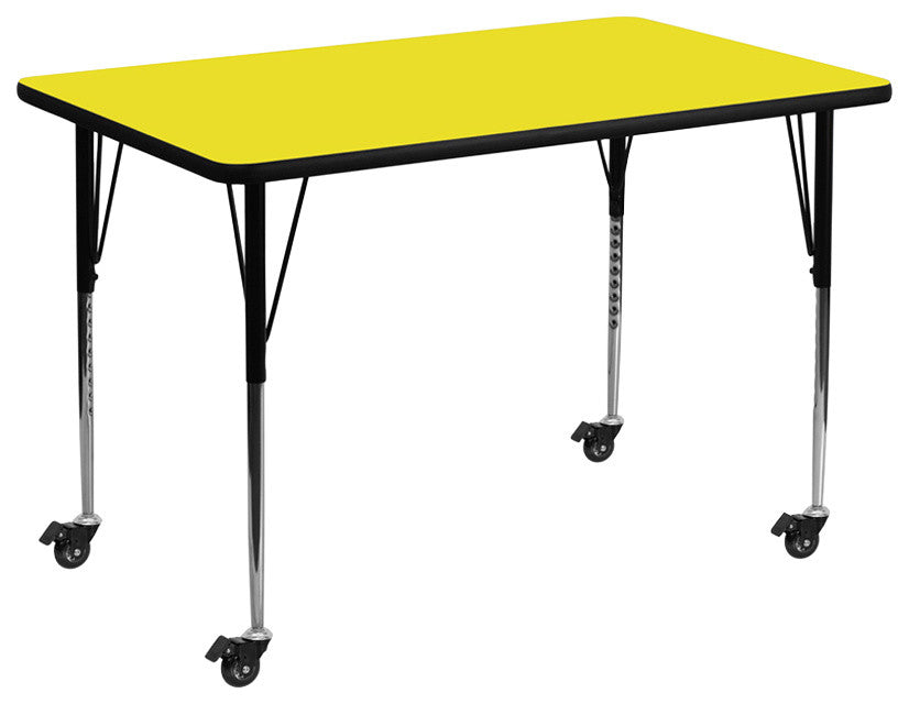 Mobile 36''W x 72''L Rectangular Yellow HP Laminate Table - Adjustable Legs