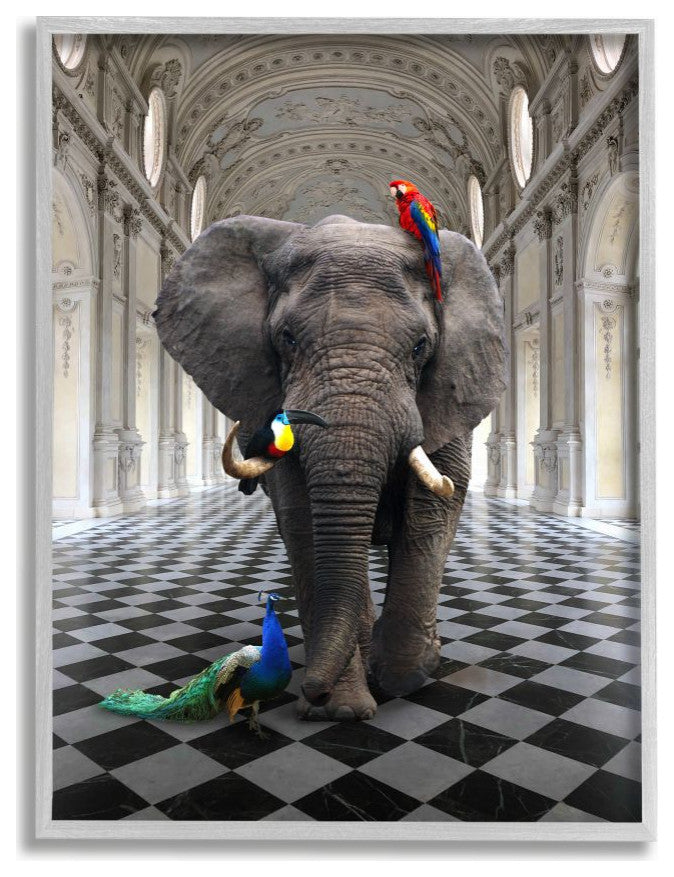 Elephant and Tropical Birds Classical Architecture Design,1pc, each 11 x 14