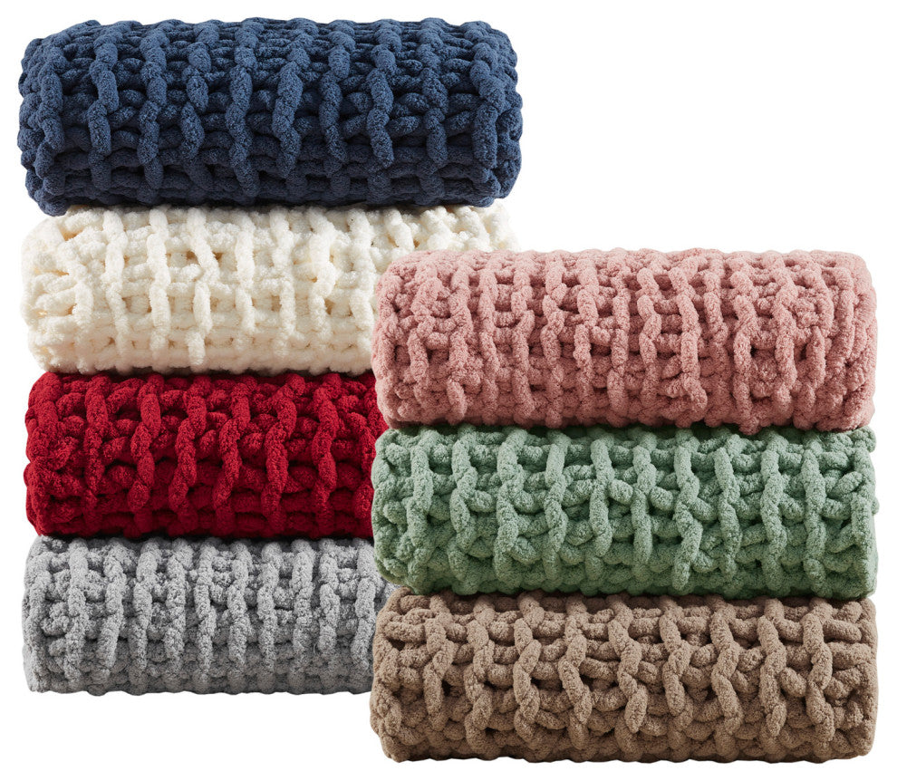 Madison Park Handmade Chenille Chunky Knit 50"x60" Throw, Ivory