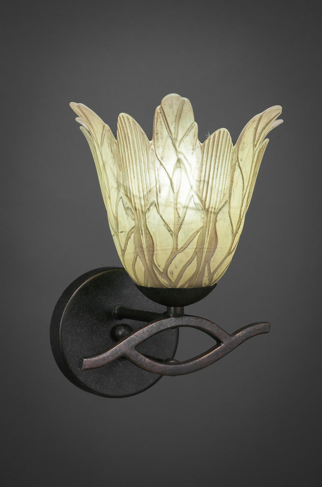 Revo Wall Sconce In Dark Granite, 7" Vanilla Leaf Glass