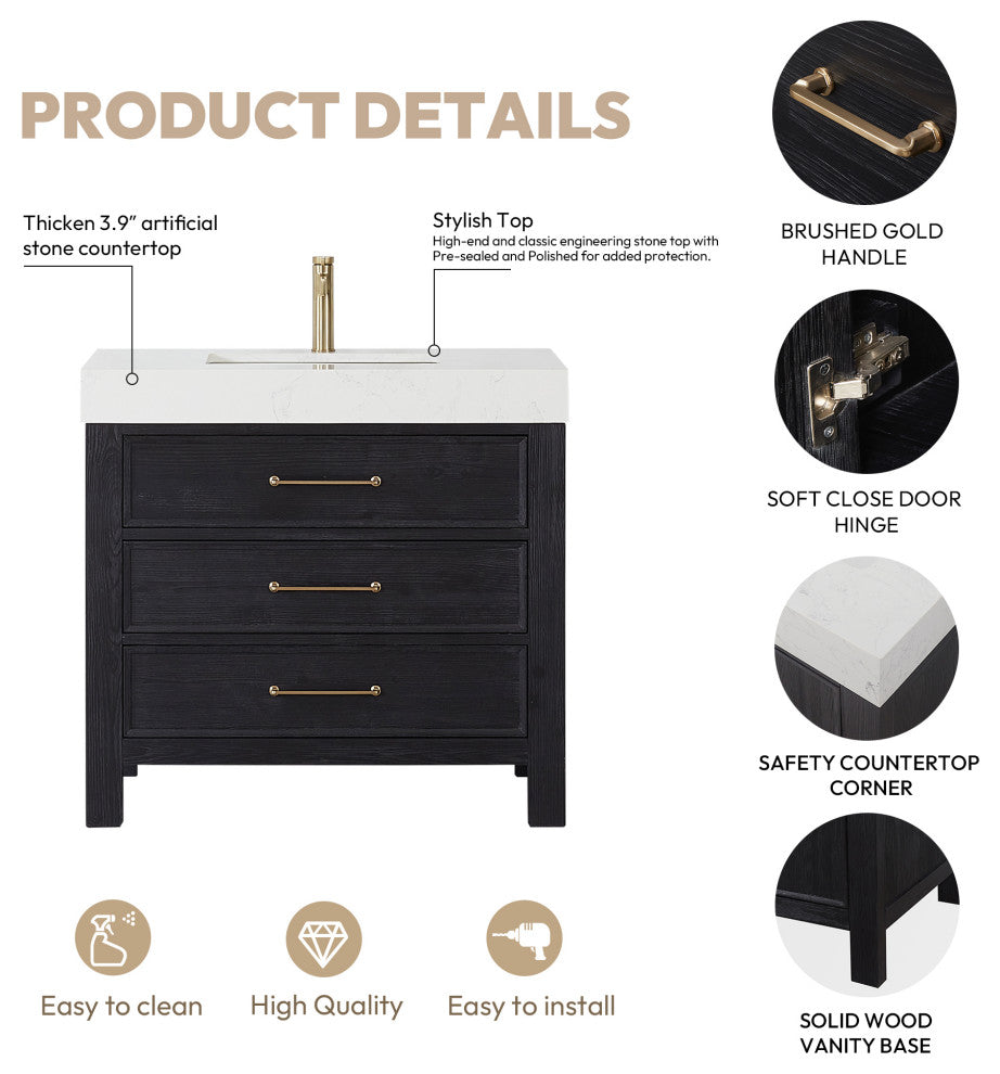 Leon Bath Vanity With Composite Stone Top, Fir Wood Black, 36", With Mirror