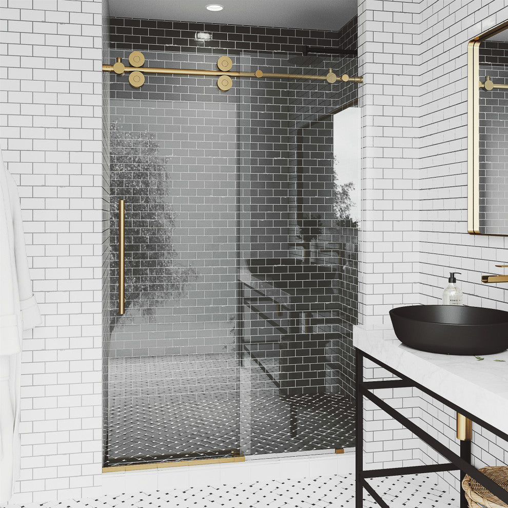 VIGO Elan 56" to 60" W x 74" H Frameless Sliding Shower Door, Matte Gold, Clear Glass