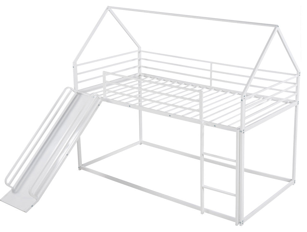 Gewnee Metal Twin Over Twin Bunk Bed House Bed with Slide in White