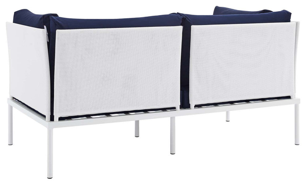 Sectional Sofa Chair Table Set, Sunbrella, Aluminum, White Blue Navy, Outdoor
