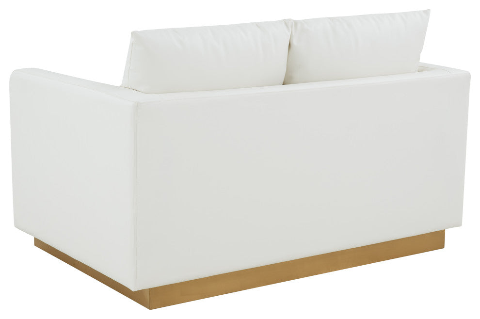 LeisureMod Nervo Modern Leather Loveseat With Gold Base, White