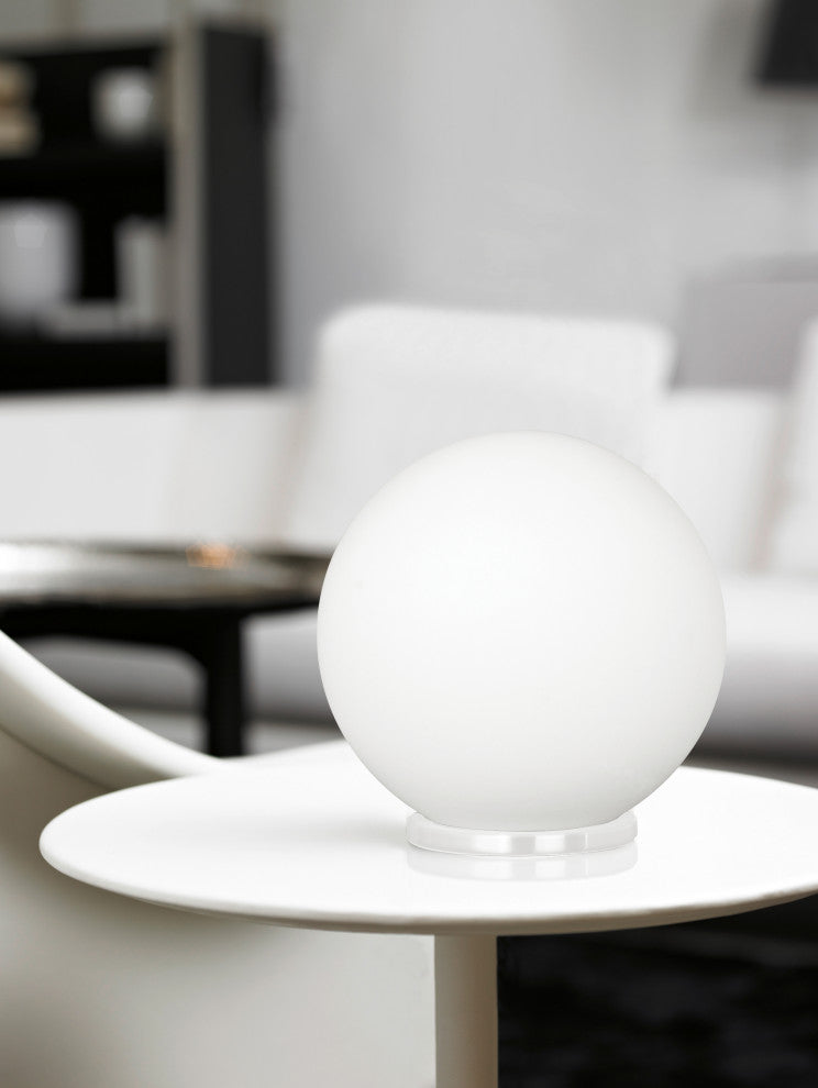 Rondo, 1-Light Round Table Lamp, White Finish, Opal Frosted Glass Shade