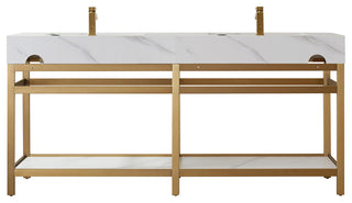 Bilbao Vanity with Metal Bracket & Stone Top, Brushed Gold, 72", With Mirror
