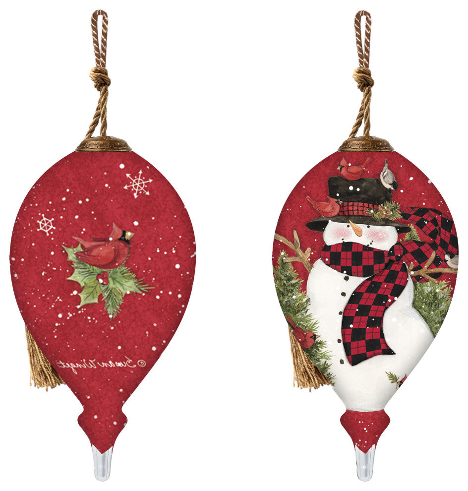 Red Plaid Snowman Hand Painted Mouth Blown Glass Ornament