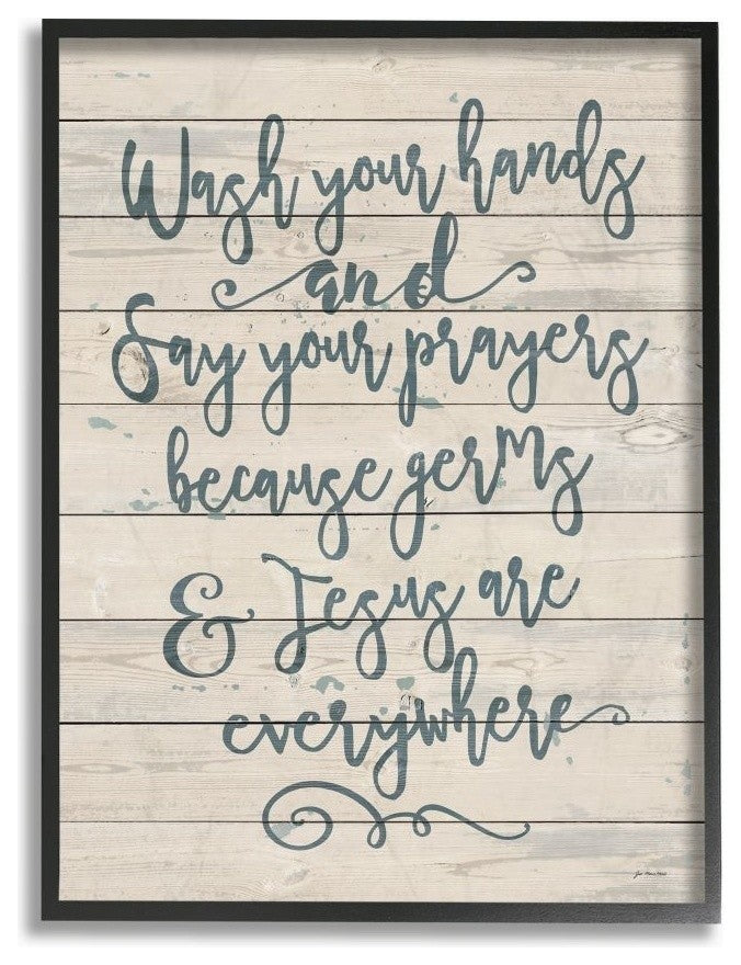 Stupell Industries Blue Script Germs and Jesus Planked Look Typography, 16 x 20