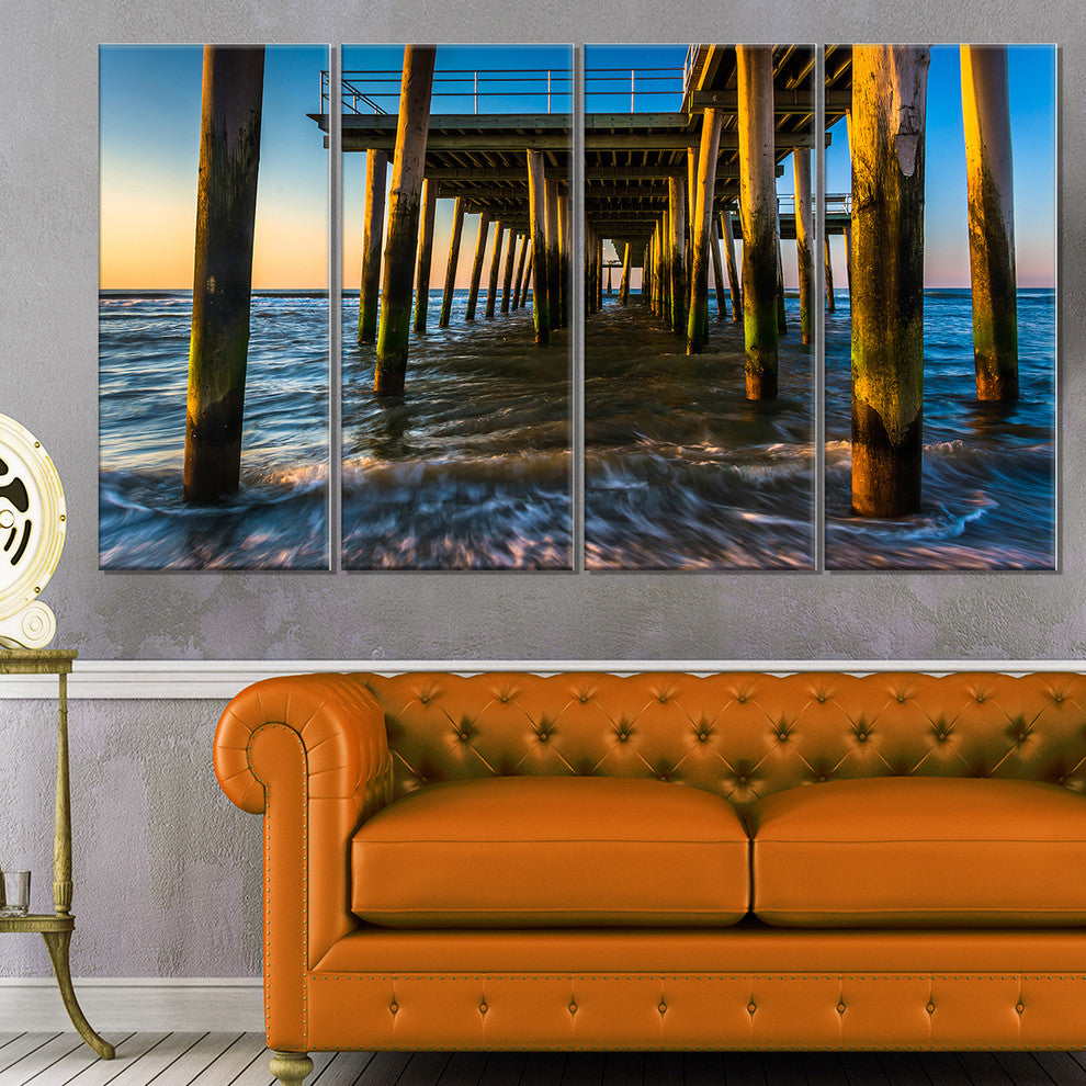 "Fishing Pier and Waves At Atlantic Sea" Sea Pier Wall Art, 4 Panels, 48"x28"