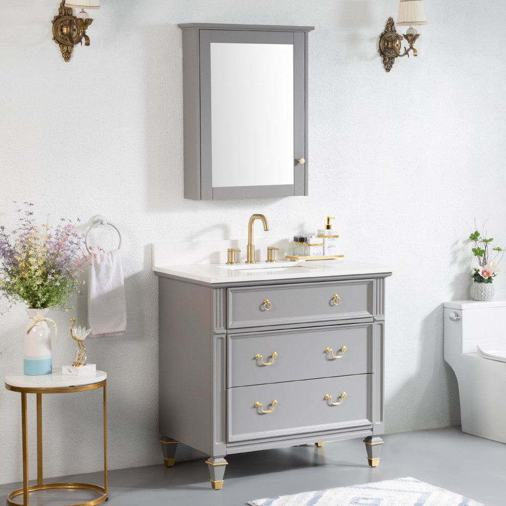 36 In Solid Wood Bathroom Vanity with Quartz Top and cUPC Certified Sink, Titanium Grey