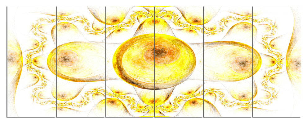 Yellow Exotic Pattern on White, Abstract Art on Canvas, 70"x28", 6 Panels